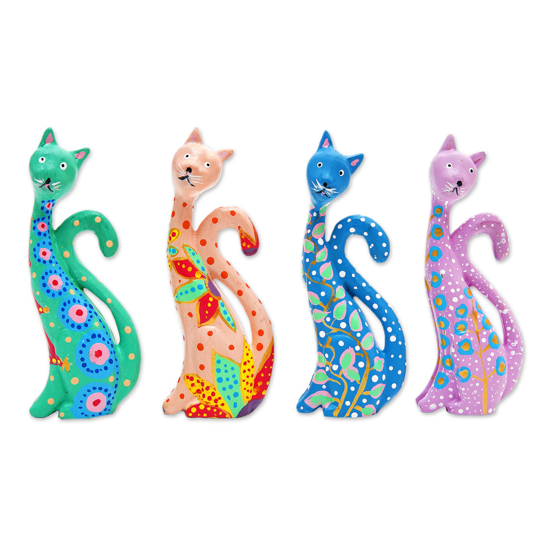 Set of 4 Hand-Painted Floral Albesia Wood Cat Ornaments - Fantasy Felines in Spring