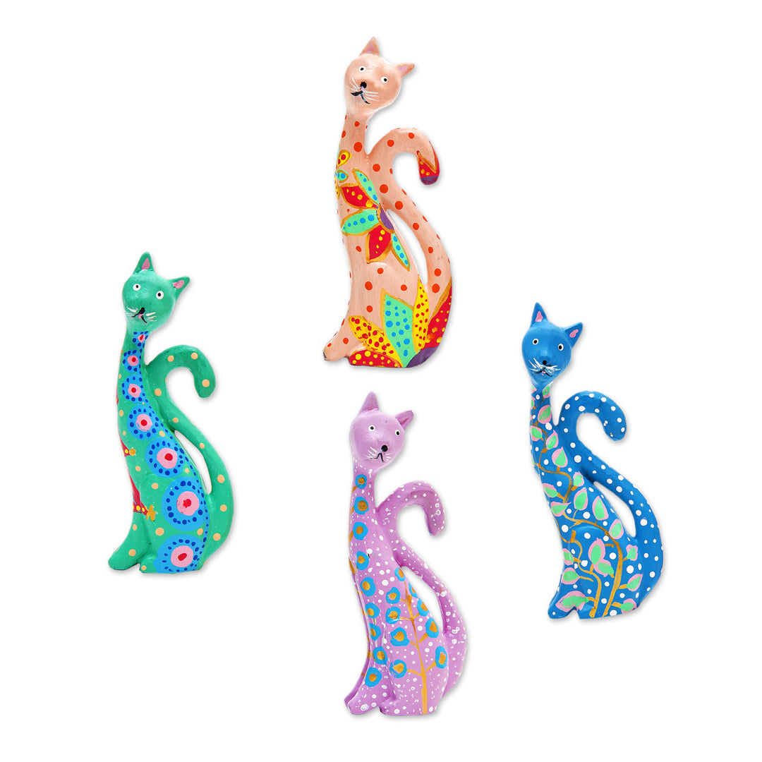 Set of 4 Hand-Painted Floral Albesia Wood Cat Ornaments - Fantasy Felines in Spring