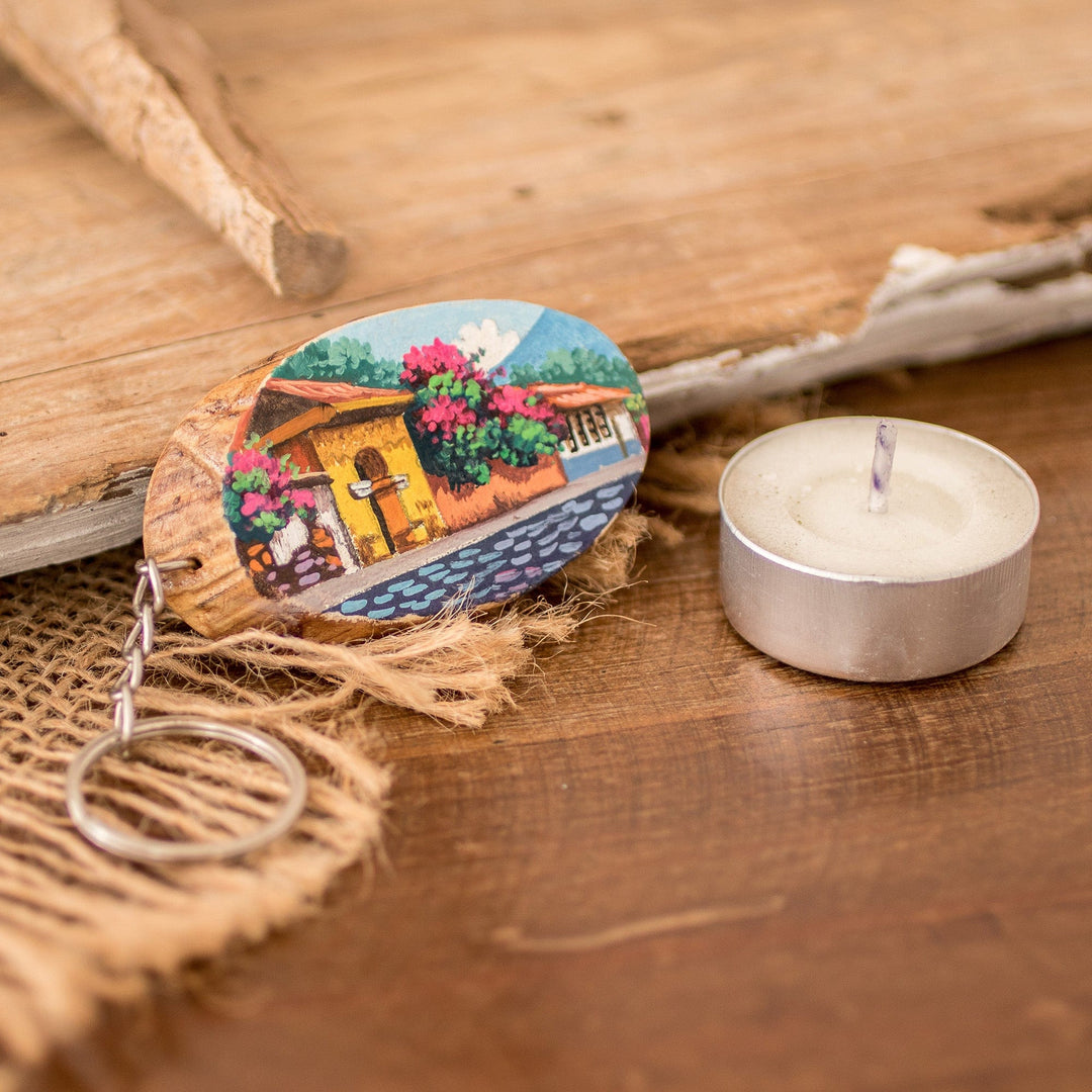 Hand-Carved Painted Wood Keychain with Antigua Street Motif - Guatemalan Charm