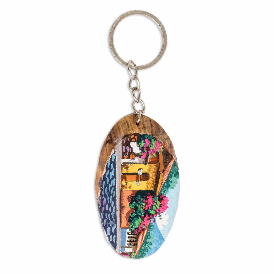 Hand-Carved Painted Wood Keychain with Antigua Street Motif - Guatemalan Charm