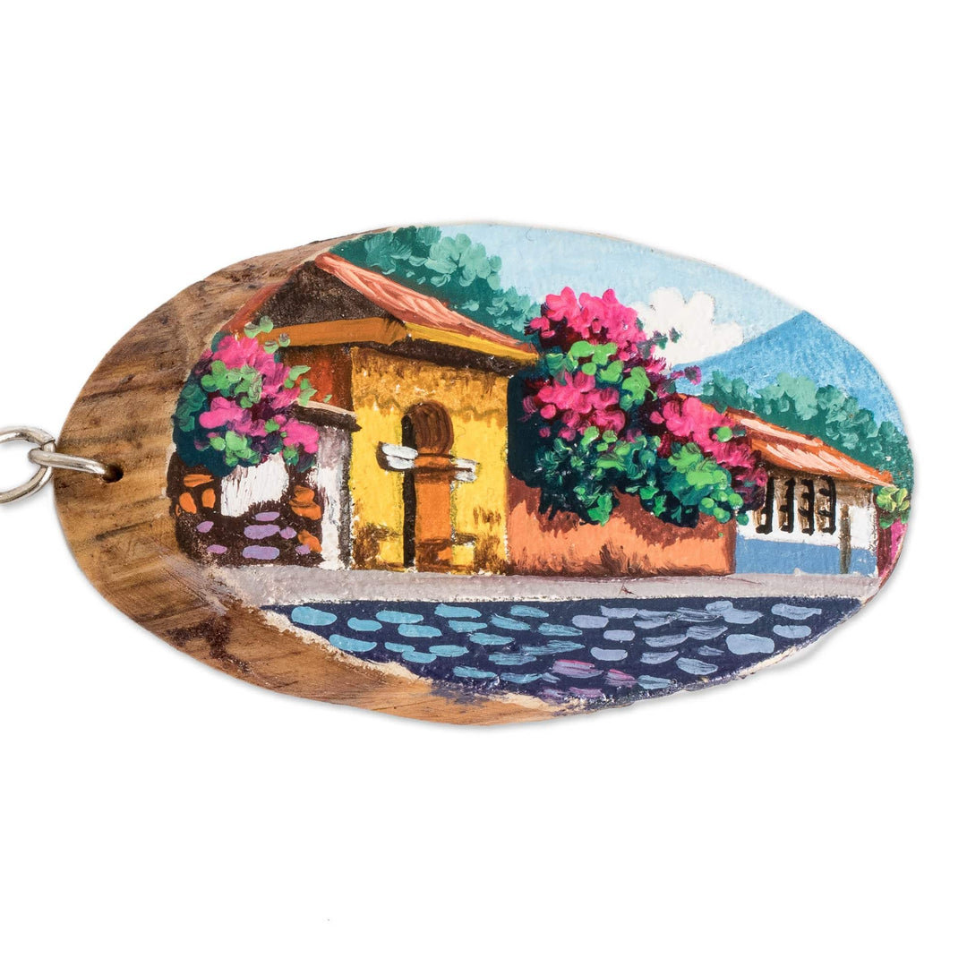 Hand-Carved Painted Wood Keychain with Antigua Street Motif - Guatemalan Charm