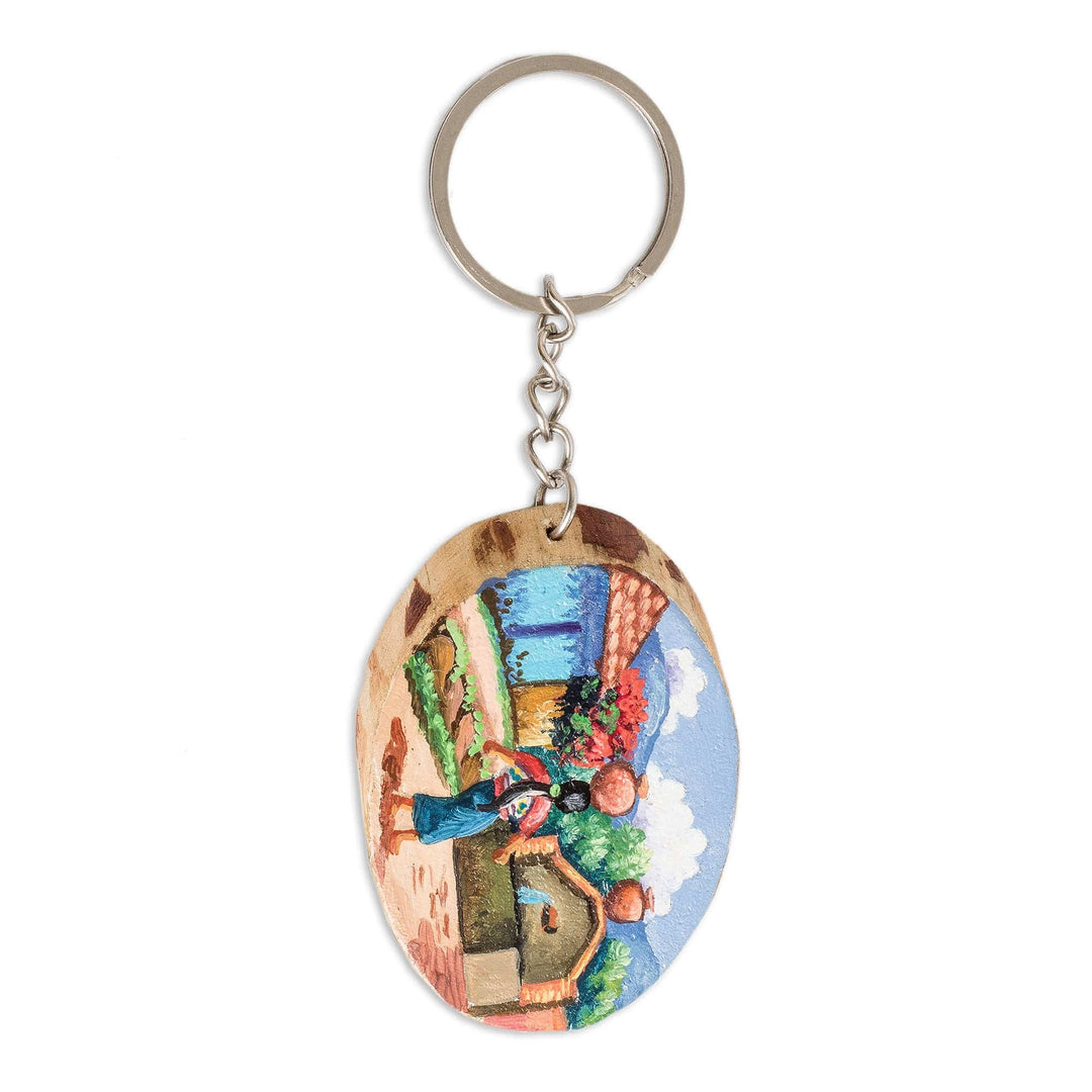 Pinewood Keychain with Hand-Painted Guatemalan Woman Motif - San Juan Comalapa Charm