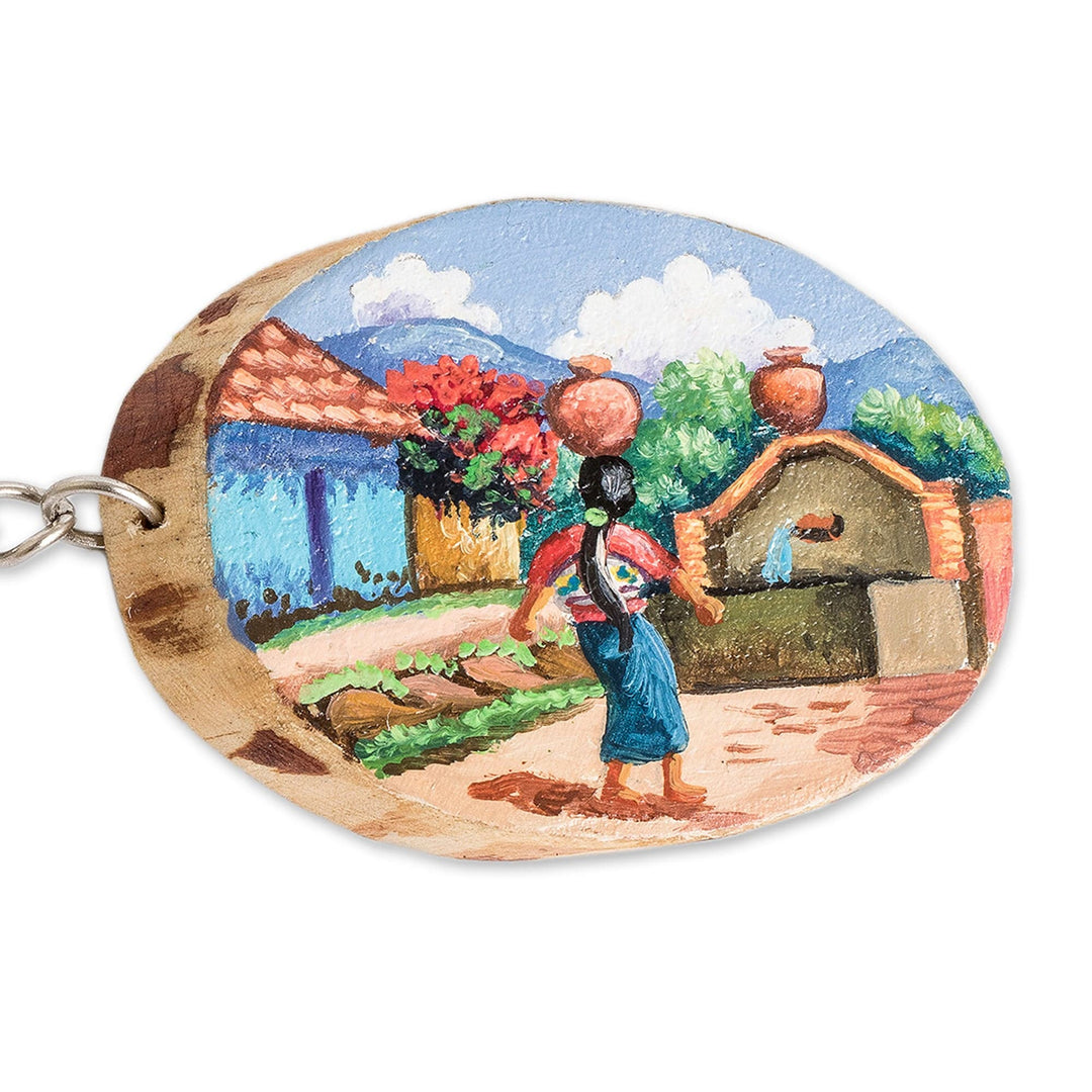 Pinewood Keychain with Hand-Painted Guatemalan Woman Motif - San Juan Comalapa Charm