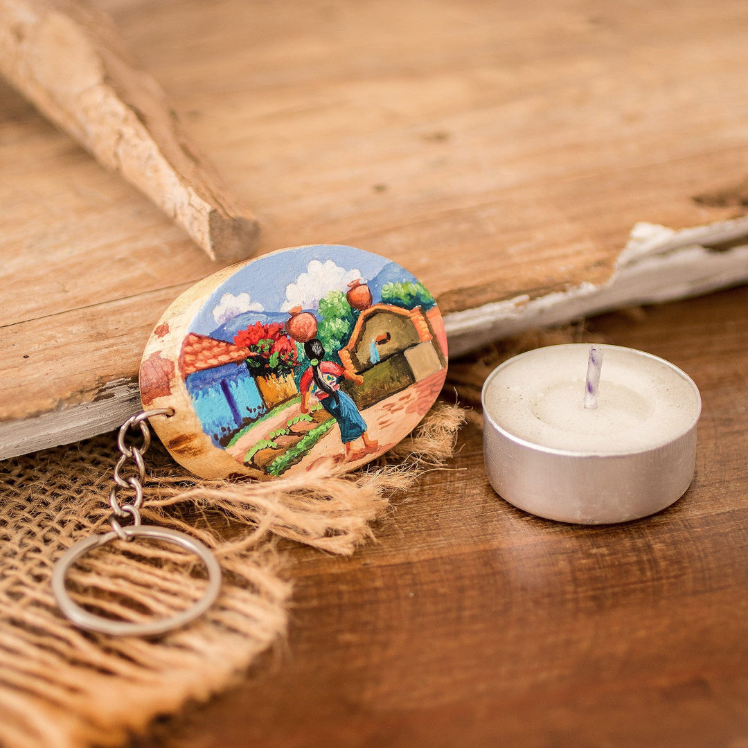 Pinewood Keychain with Hand-Painted Guatemalan Woman Motif - San Juan Comalapa Charm