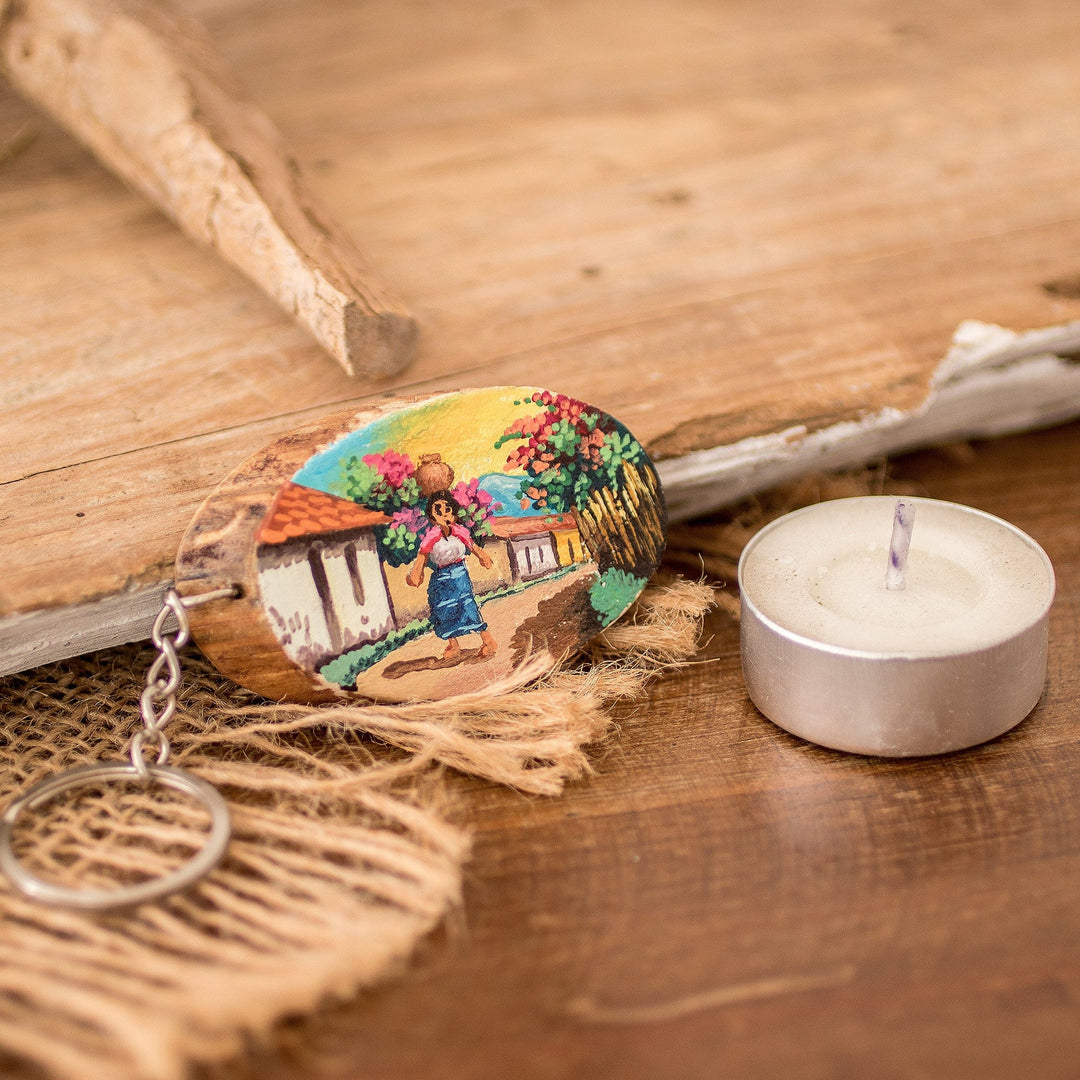Wooden Keychain with Hand-Painted Guatemalan Woman Accent - Traditional Charm