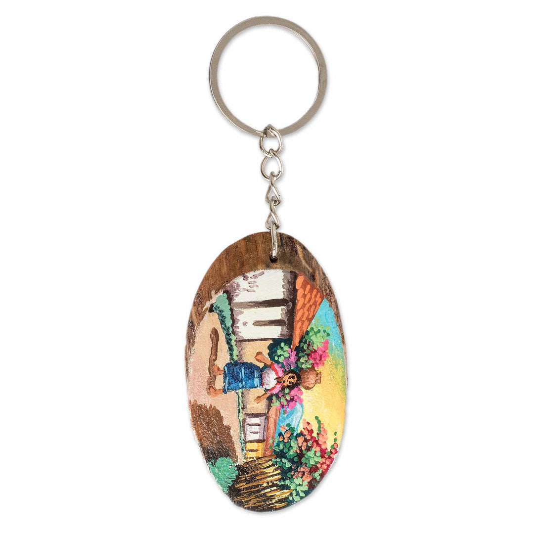 Wooden Keychain with Hand-Painted Guatemalan Woman Accent - Traditional Charm