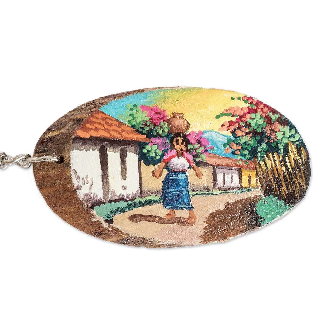 Wooden Keychain with Hand-Painted Guatemalan Woman Accent - Traditional Charm