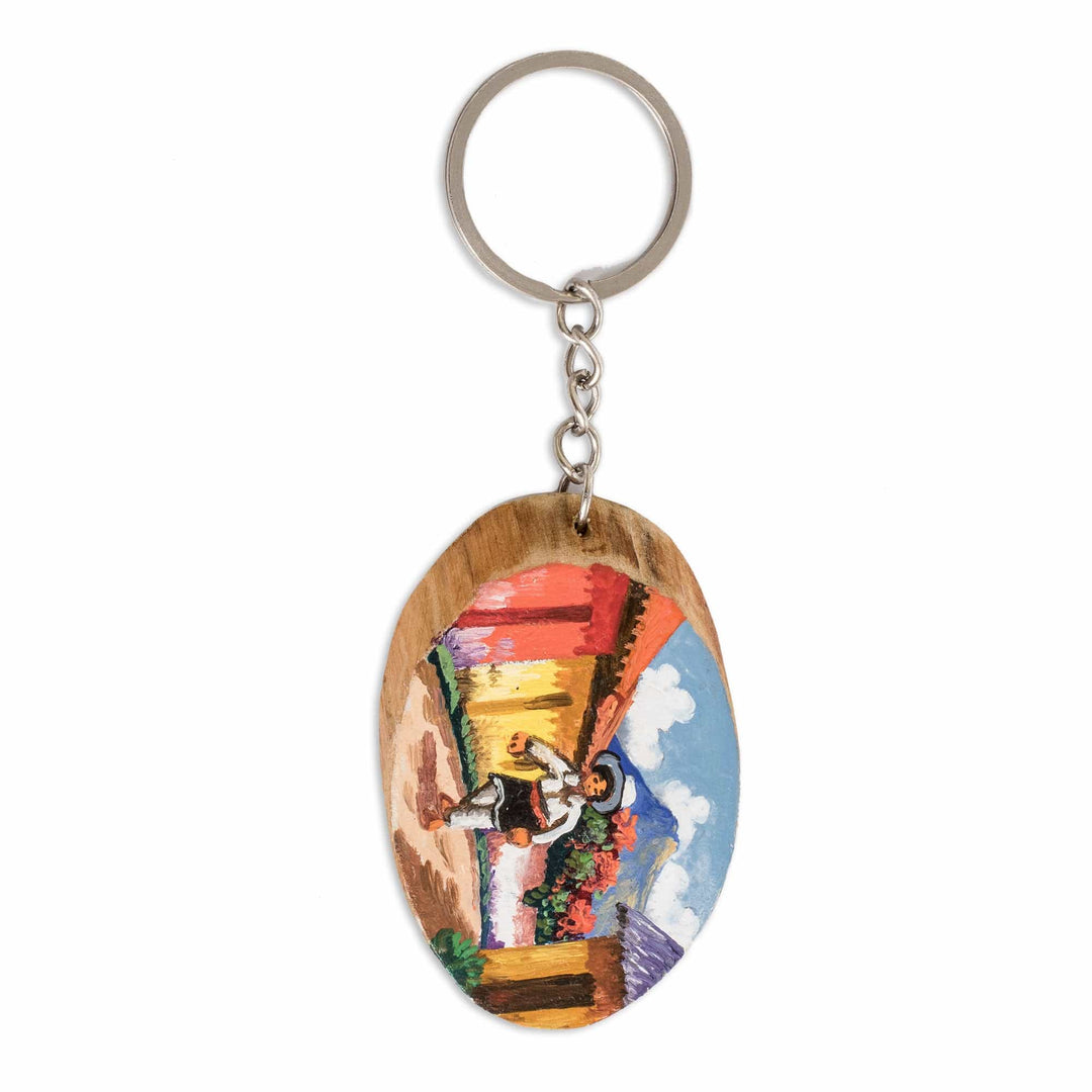 Pinewood Keychain with Hand-Painted Guatemalan Farmer Motif - Countryside Charm