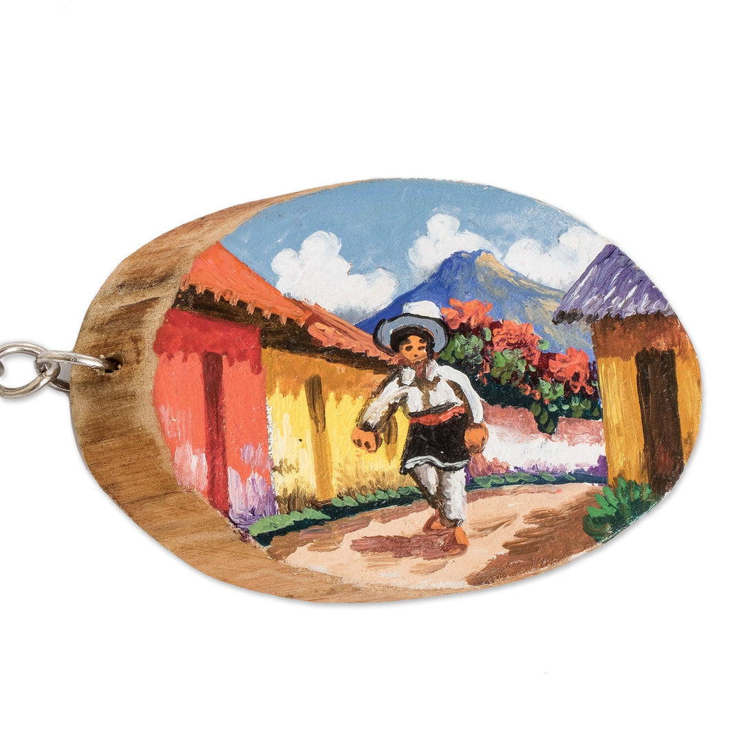 Pinewood Keychain with Hand-Painted Guatemalan Farmer Motif - Countryside Charm
