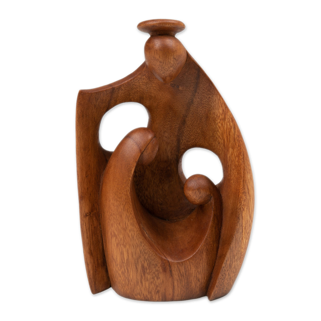 Semi-Abstract Angel-Themed Suar Wood Sculpture of Family - Happiest Mother