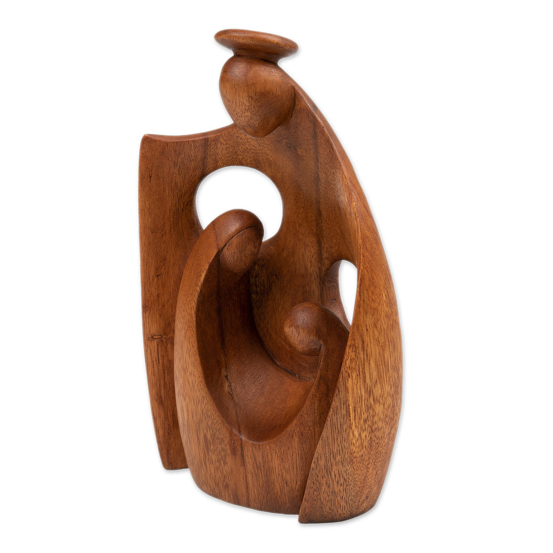 Semi-Abstract Angel-Themed Suar Wood Sculpture of Family - Happiest Mother
