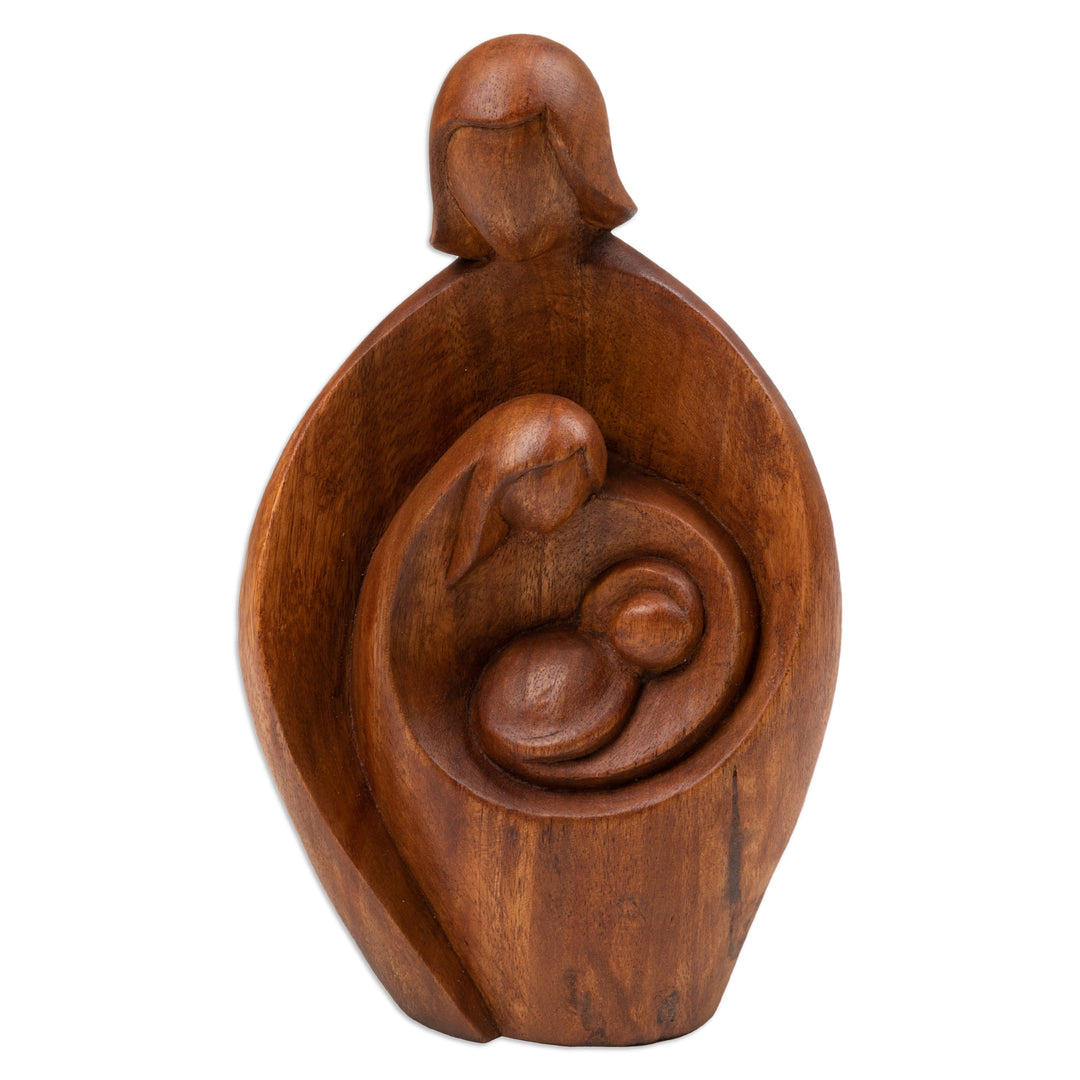 Hand-Carved Semi-Abstract Suar Wood Sculpture of Family - Take Care, My Family
