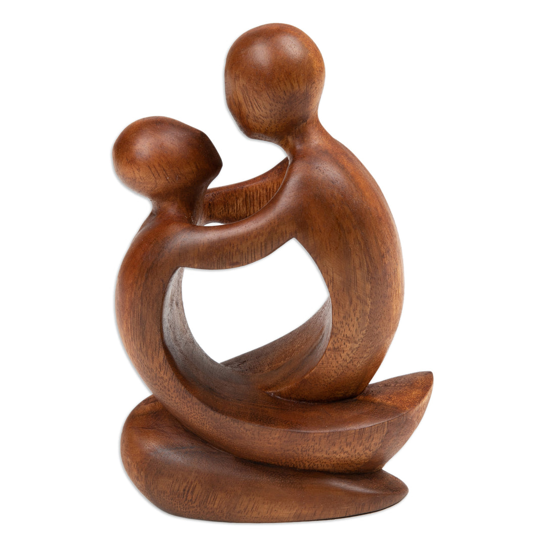 Minimalist Hand-Carved Father and Child Suar Wood Sculpture - Time with Father