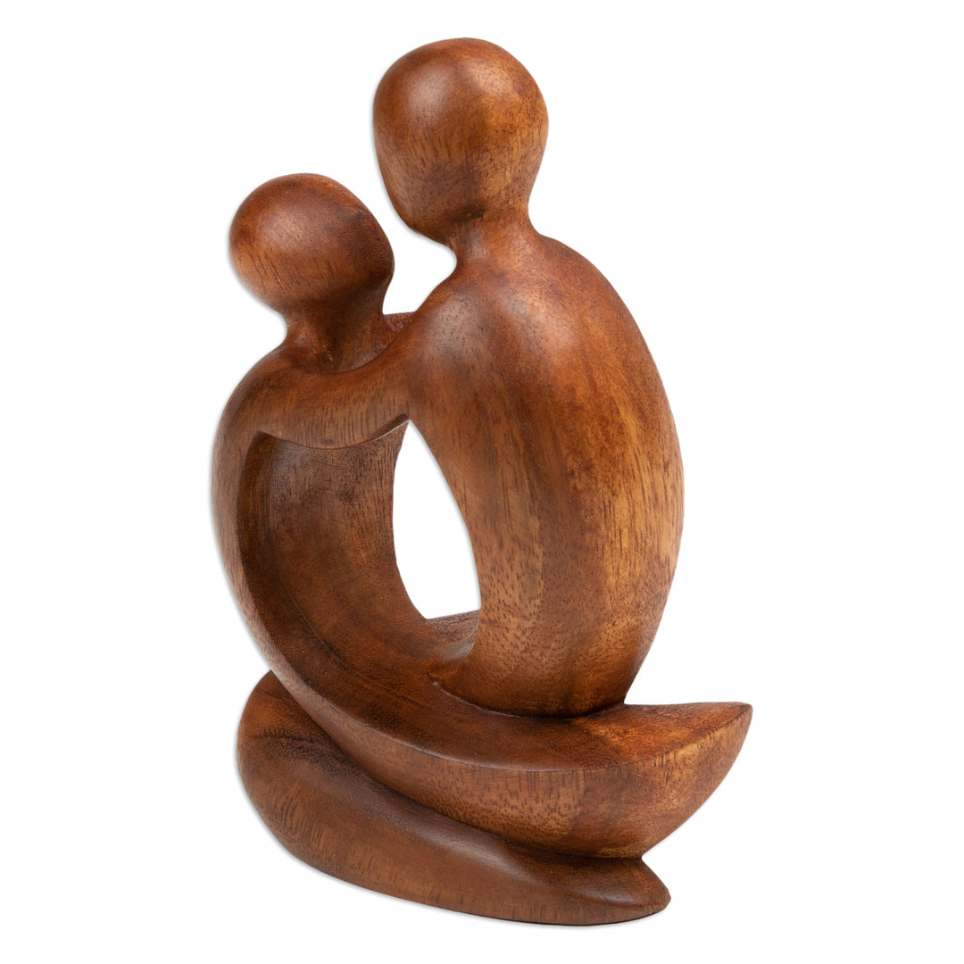 Minimalist Hand-Carved Father and Child Suar Wood Sculpture - Time with Father