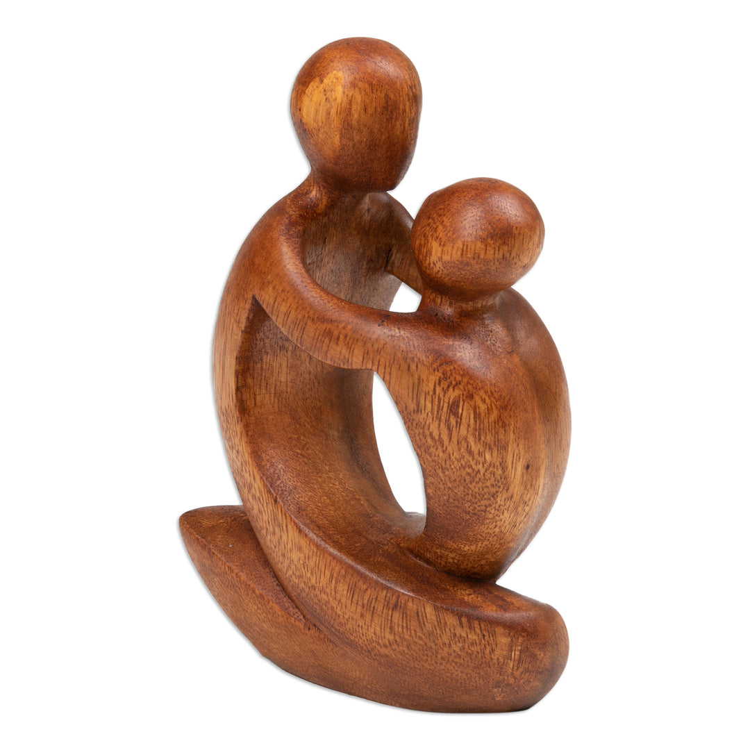 Minimalist Hand-Carved Father and Child Suar Wood Sculpture - Time with Father