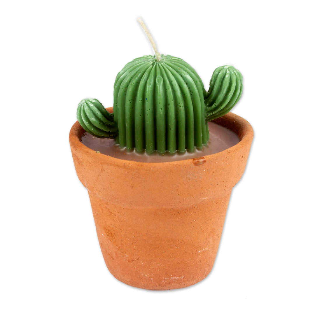 Artisan-Made Cactus-Shaped Wax Candle with Mini Flower Pot - Incandescent Cactus