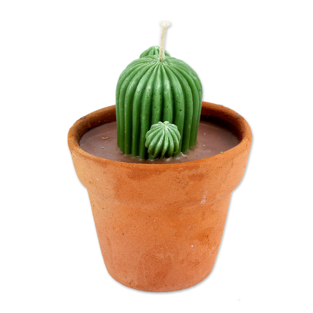 Artisan-Made Cactus-Shaped Wax Candle with Mini Flower Pot - Incandescent Cactus