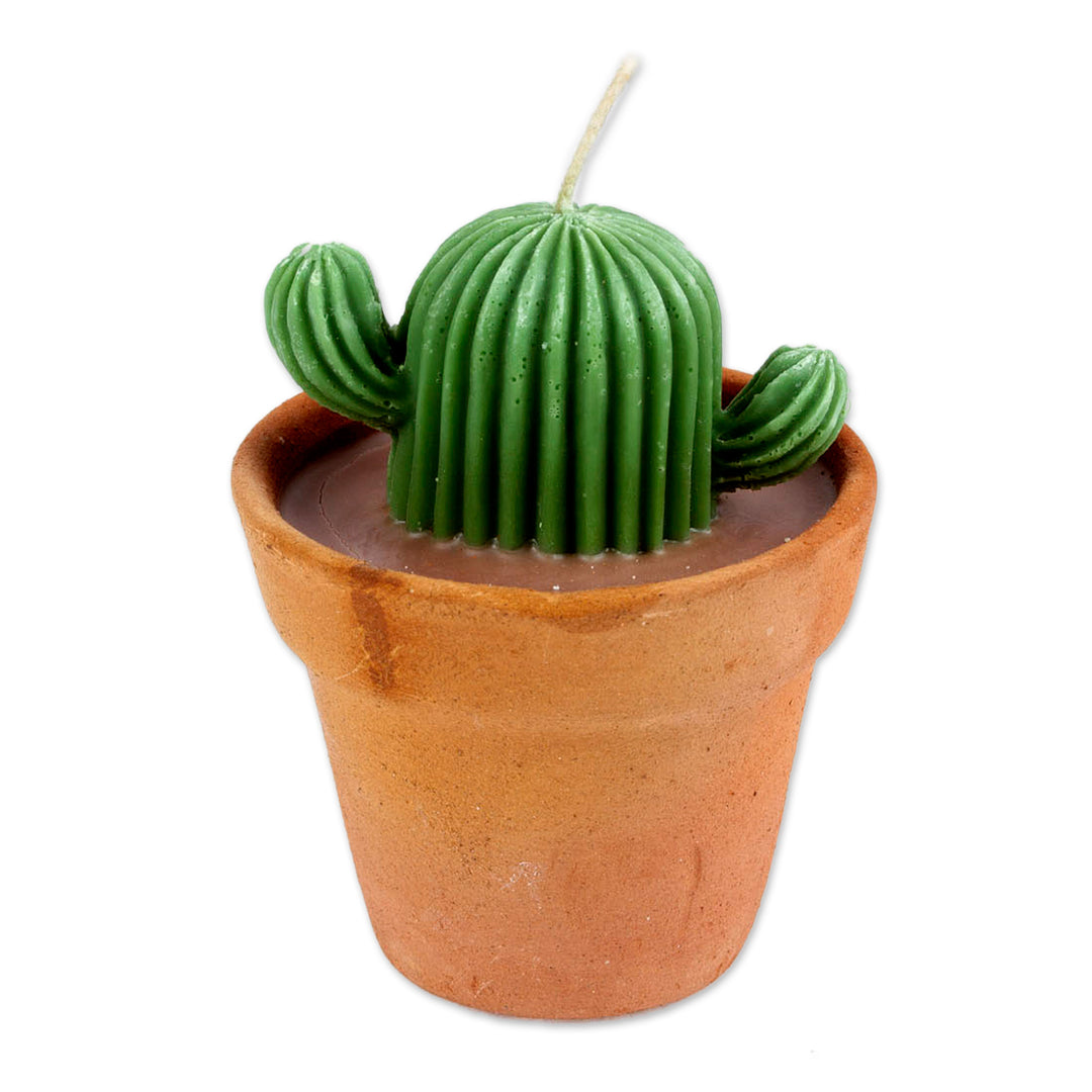 Artisan-Made Cactus-Shaped Wax Candle with Mini Flower Pot - Incandescent Cactus