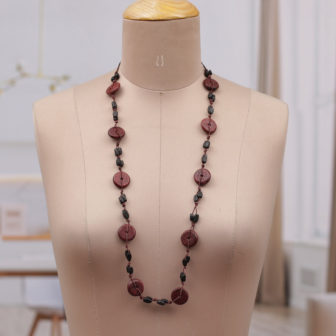 Hand-Carved Brown Wood Beaded Long Necklace from India - Magical Fusion