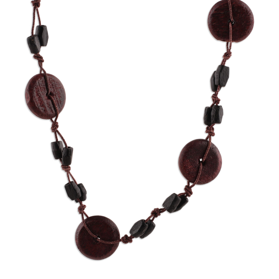 Hand-Carved Brown Wood Beaded Long Necklace from India - Magical Fusion