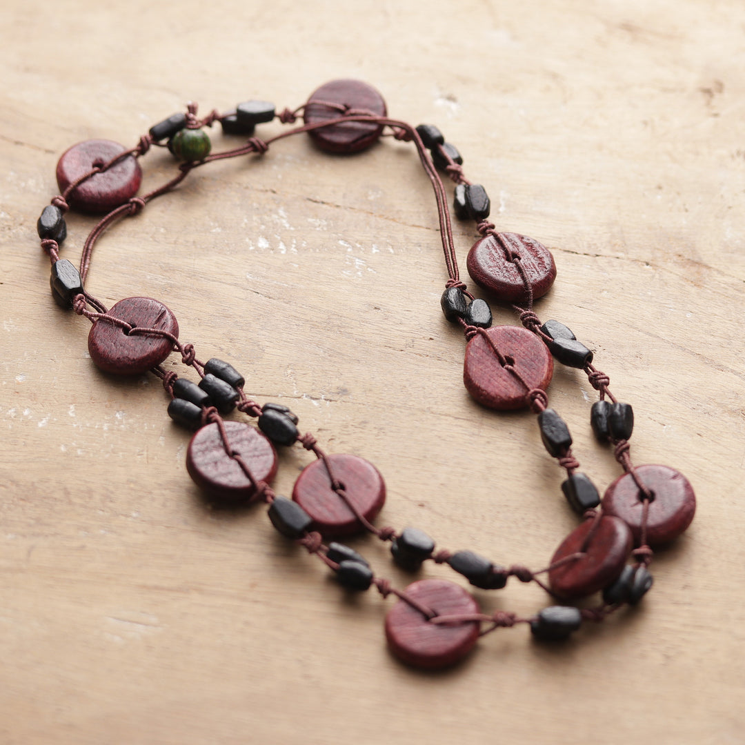 Hand-Carved Brown Wood Beaded Long Necklace from India - Magical Fusion