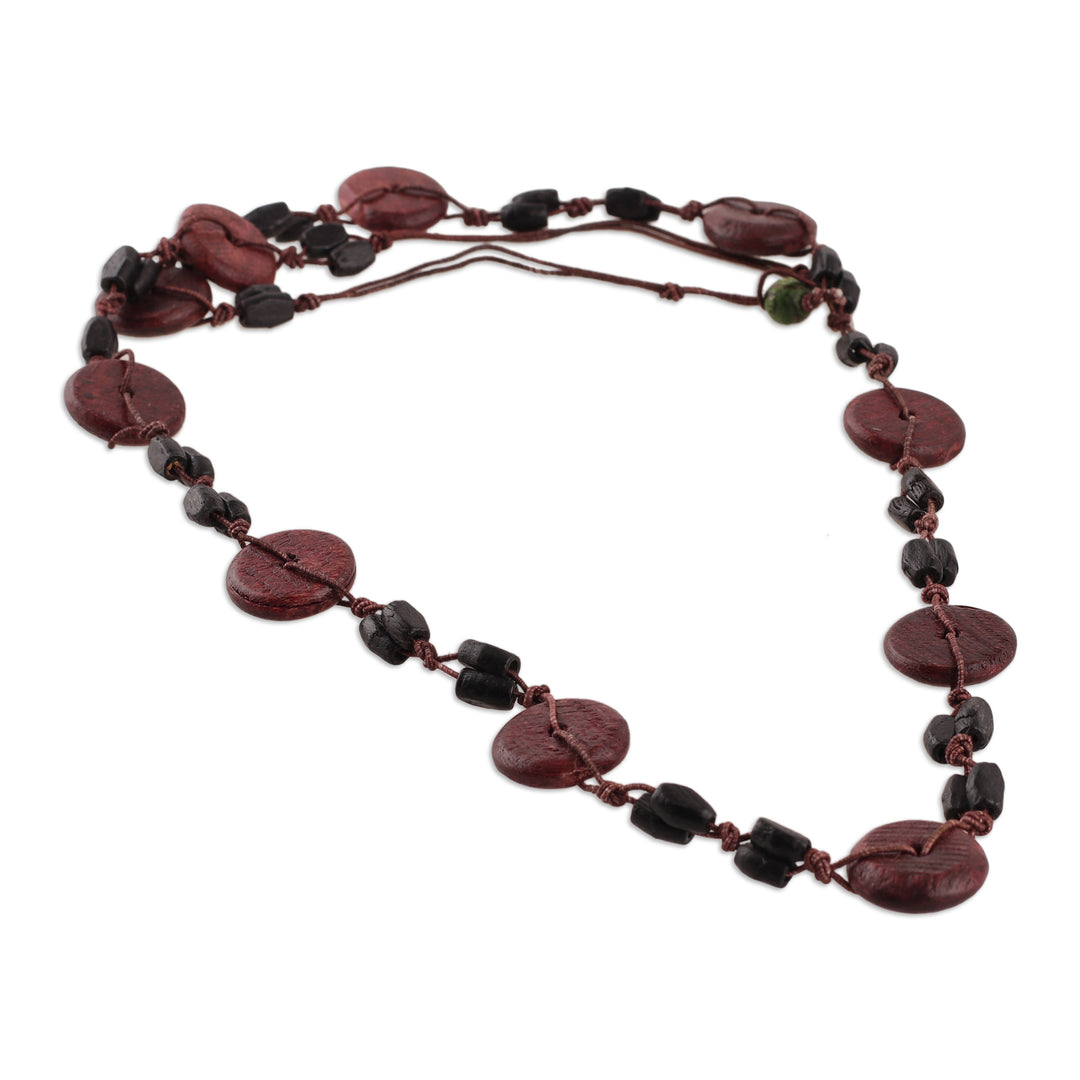 Hand-Carved Brown Wood Beaded Long Necklace from India - Magical Fusion