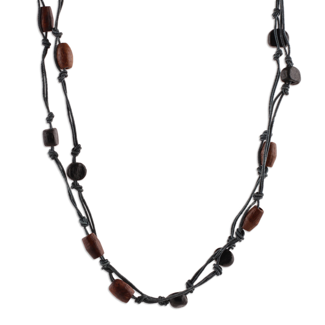 Hand-Carved Brown and Blue Wood Beaded Long Station Necklace - Exquisite Style