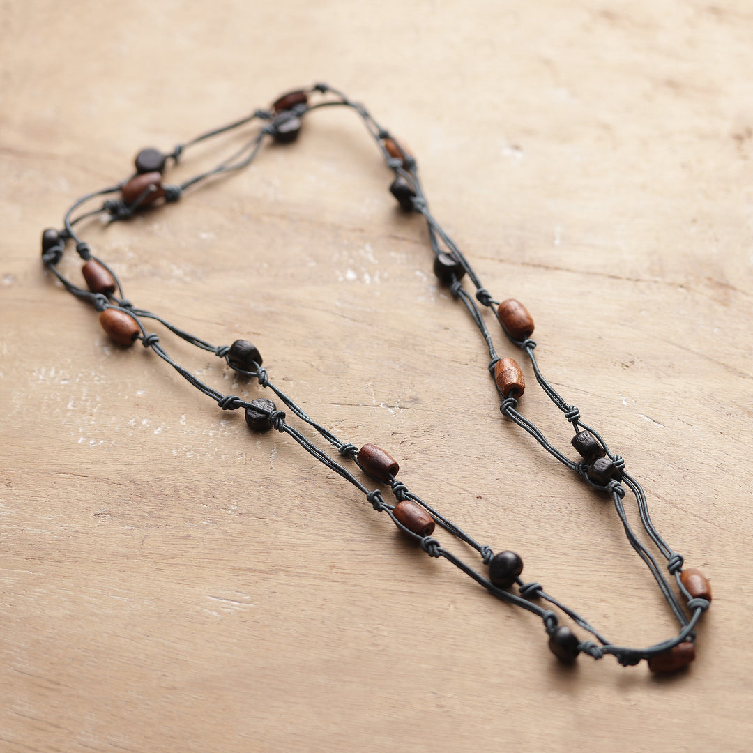 Hand-Carved Brown and Blue Wood Beaded Long Station Necklace - Exquisite Style
