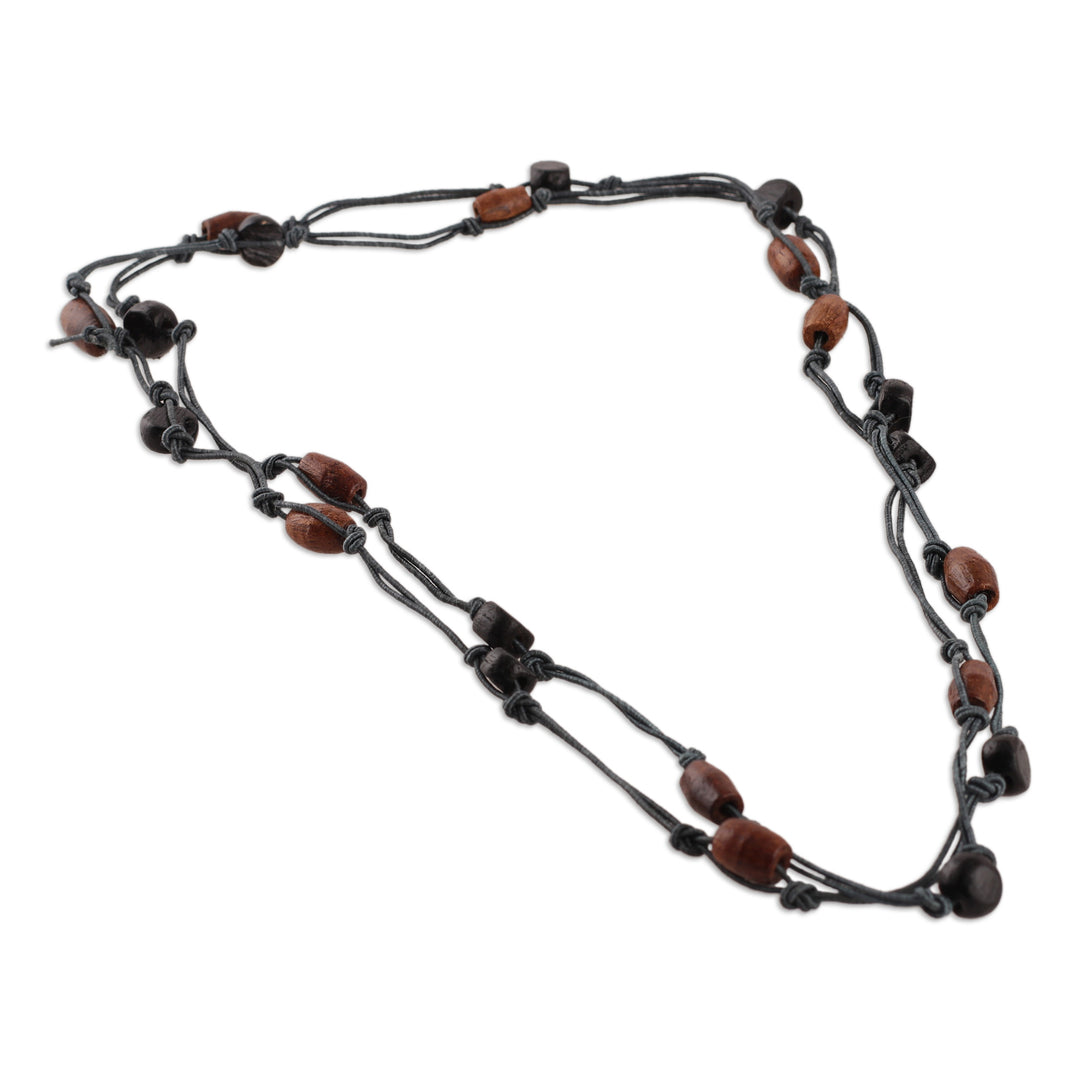 Hand-Carved Brown and Blue Wood Beaded Long Station Necklace - Exquisite Style