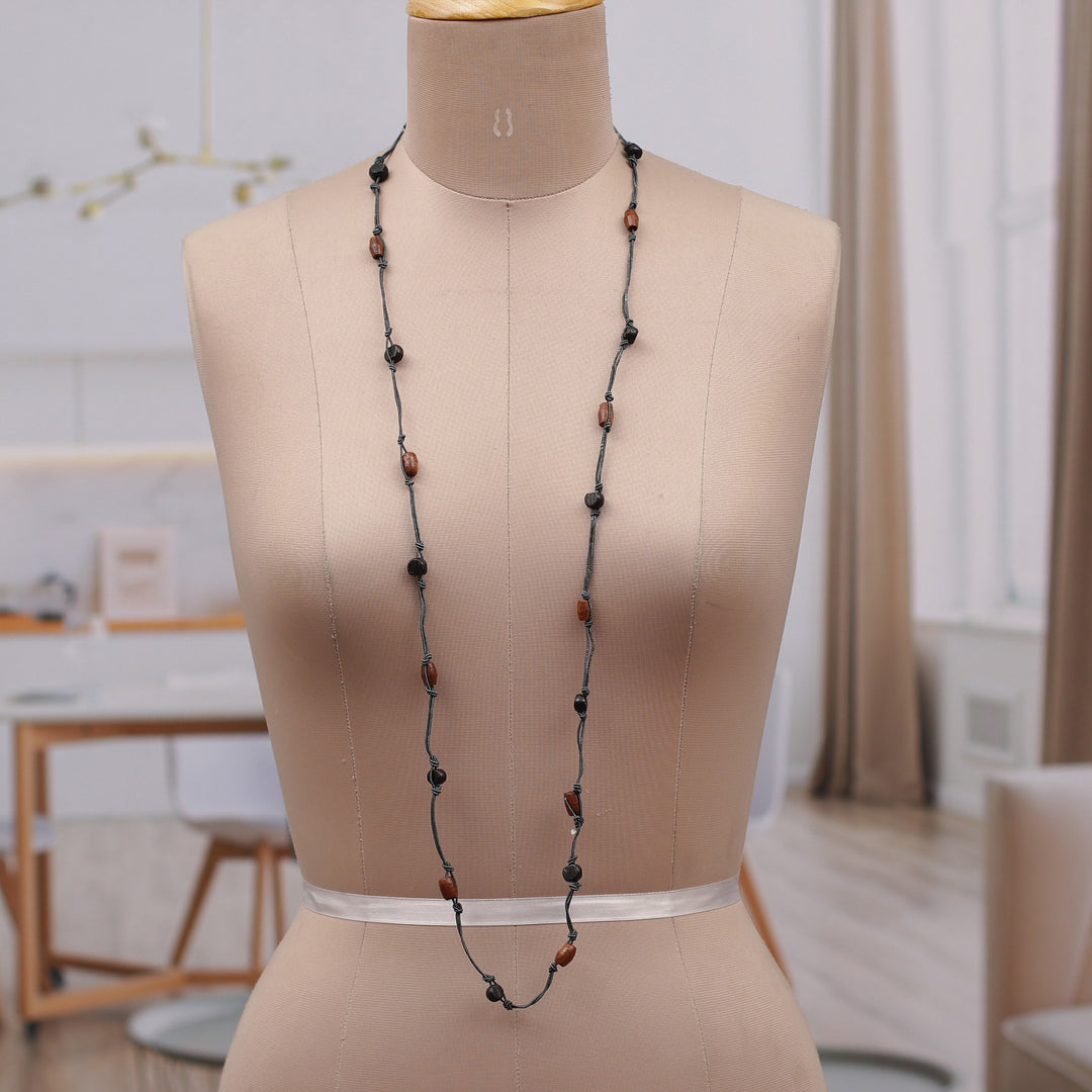 Hand-Carved Brown and Blue Wood Beaded Long Station Necklace - Exquisite Style