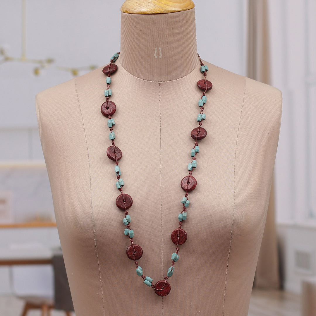 Hand-Carved Wood Beaded Long Necklace in Brown and Aqua Hues - Graceful Fusion