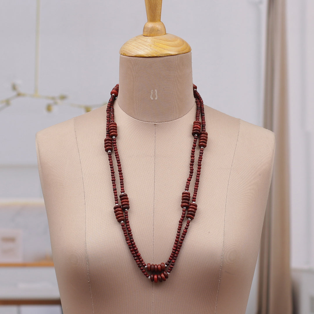 Hand-Carved Wood Beaded Long Station Necklace in Brown Shade - Maroon Flair