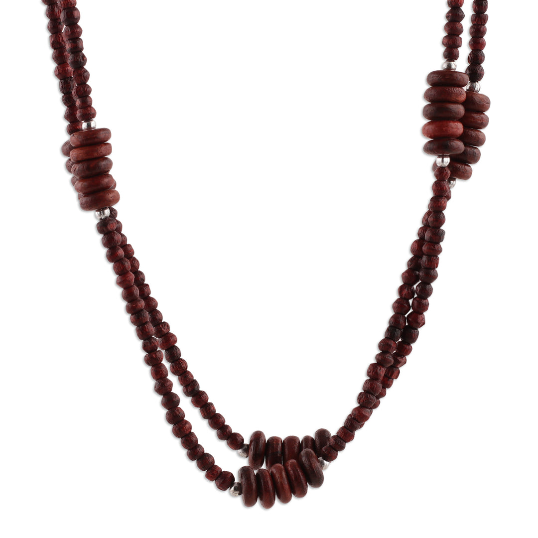 Hand-Carved Wood Beaded Long Station Necklace in Brown Shade - Maroon Flair
