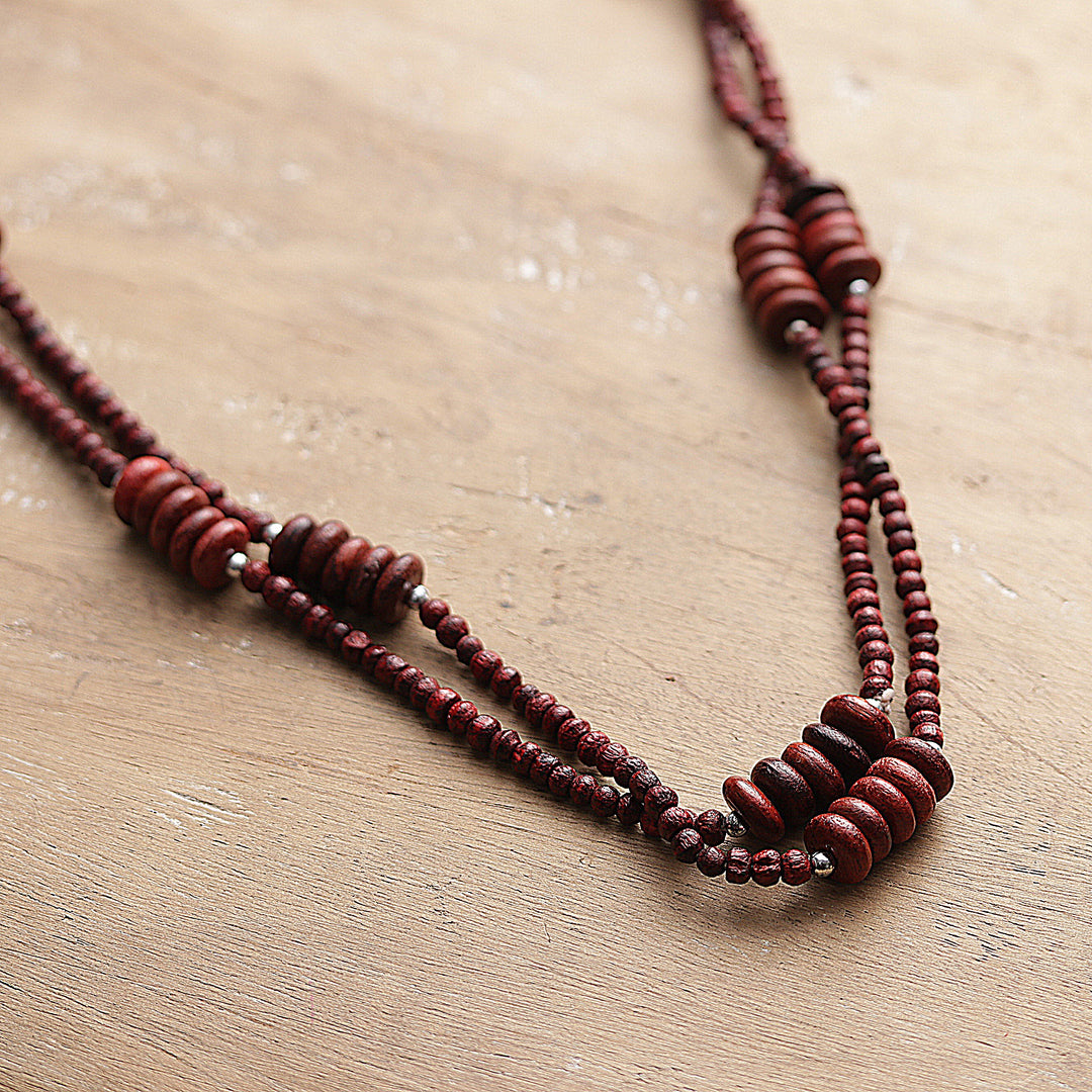Hand-Carved Wood Beaded Long Station Necklace in Brown Shade - Maroon Flair
