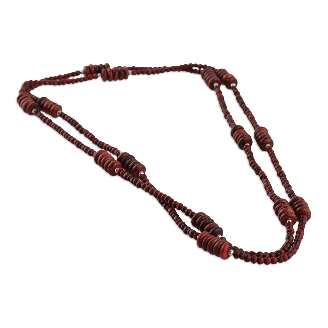 Hand-Carved Wood Beaded Long Station Necklace in Brown Shade - Maroon Flair