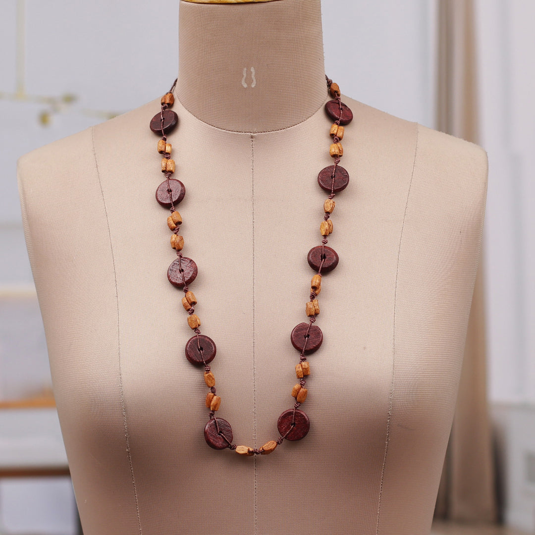 Hand-Carved Wood Beaded Long Necklace in Brown and Beige - Chic Fusion