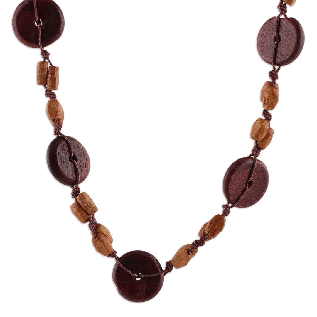 Hand-Carved Wood Beaded Long Necklace in Brown and Beige - Chic Fusion