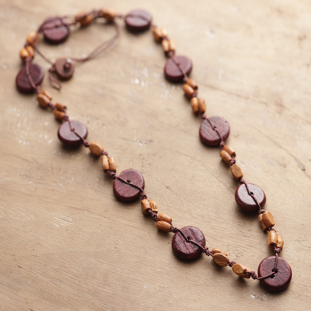 Hand-Carved Wood Beaded Long Necklace in Brown and Beige - Chic Fusion