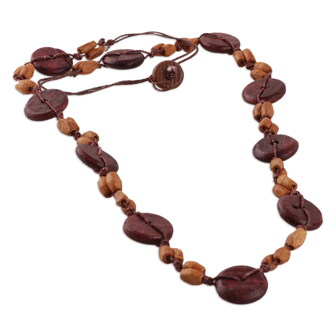 Hand-Carved Wood Beaded Long Necklace in Brown and Beige - Chic Fusion