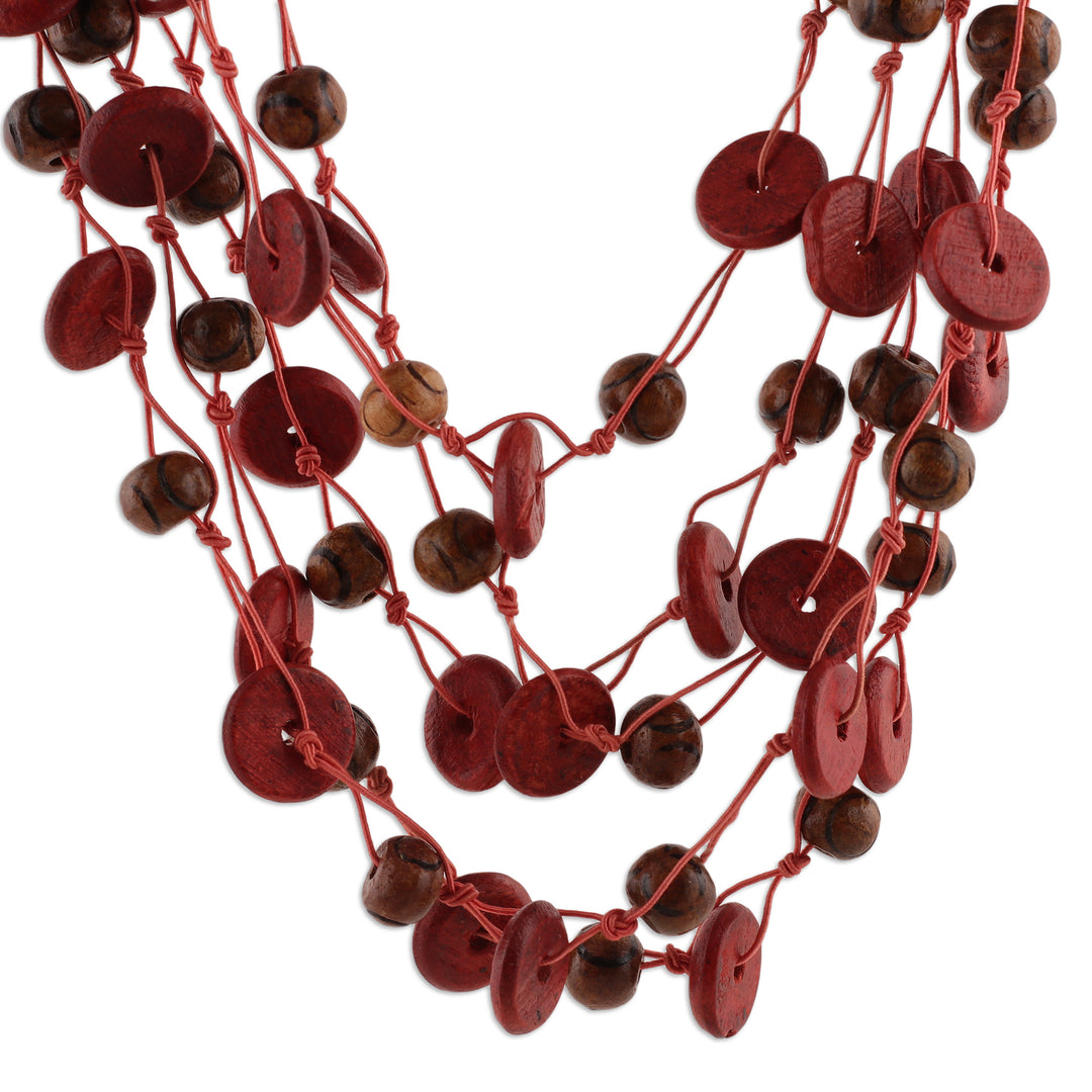 Hand-Carved Red Brown Pink Wood Beaded Statement Necklace - Majestic Splendor