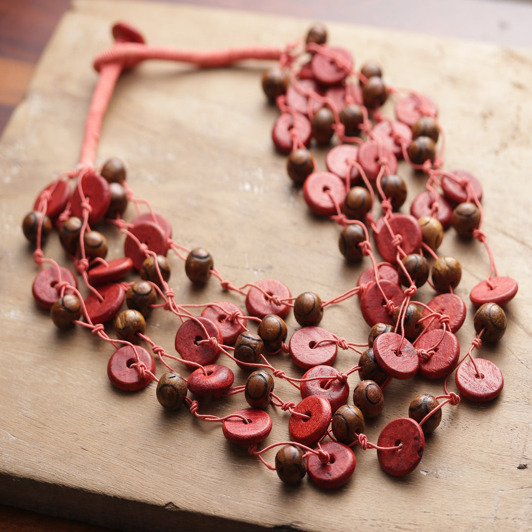 Hand-Carved Red Brown Pink Wood Beaded Statement Necklace - Majestic Splendor
