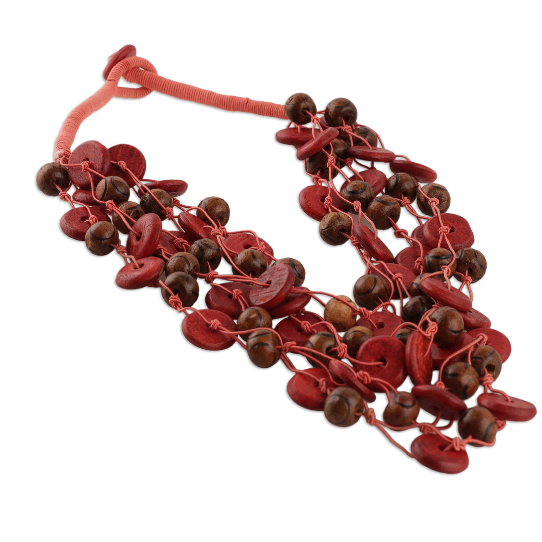 Hand-Carved Red Brown Pink Wood Beaded Statement Necklace - Majestic Splendor