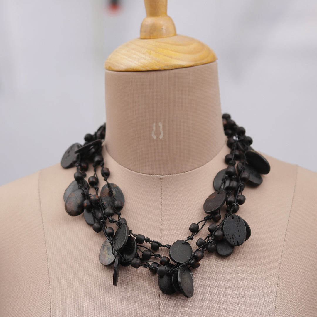 Handcrafted Bohemian Black Cotton Beaded Strand Necklace - Dark Bohemian