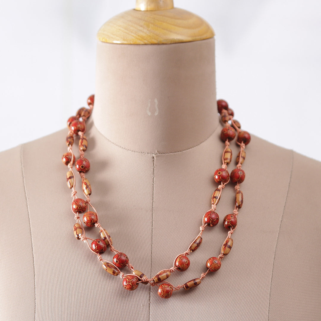 Bohemian Brown and Red Haldu Wood Beaded Station Necklace - Fire Glam
