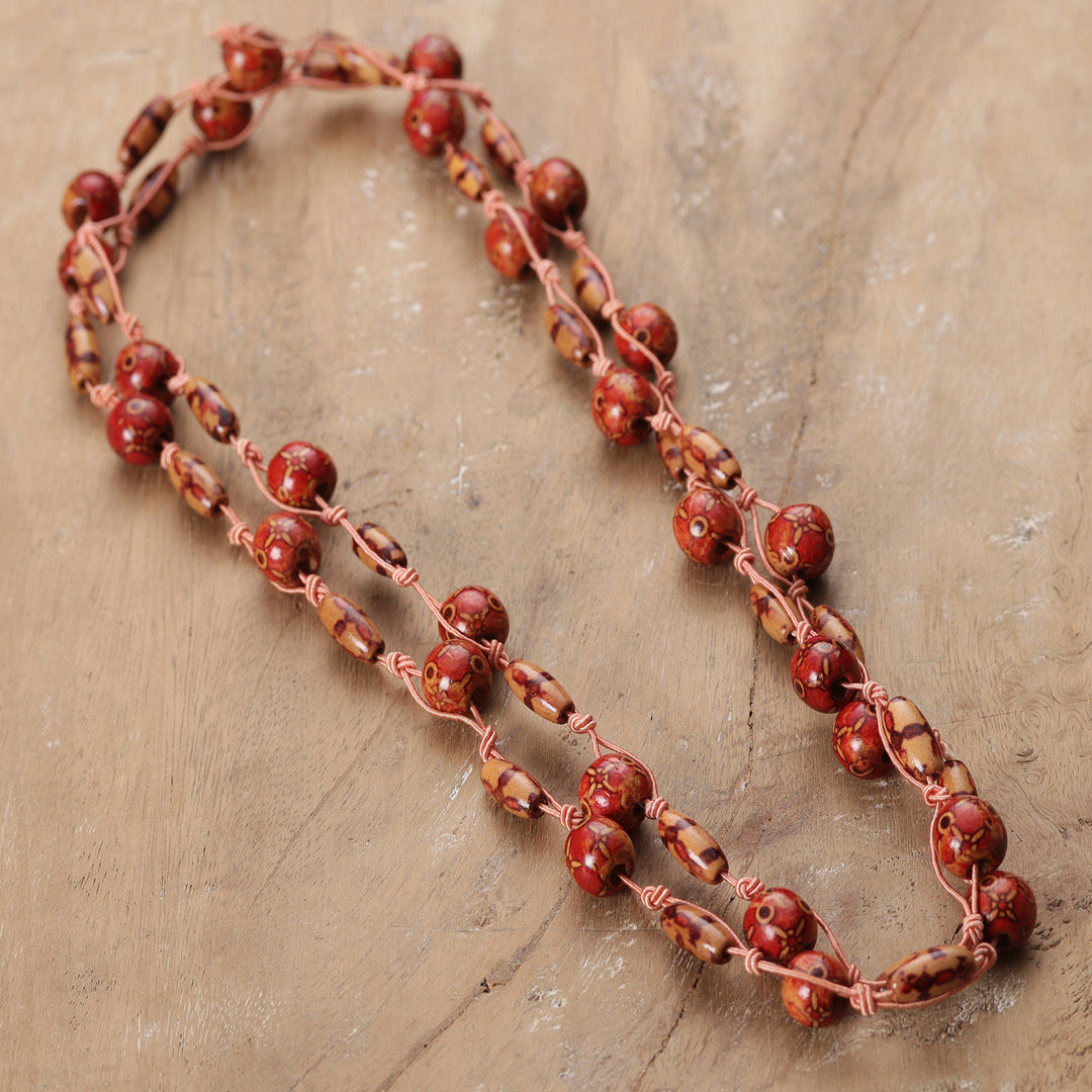 Bohemian Brown and Red Haldu Wood Beaded Station Necklace - Fire Glam