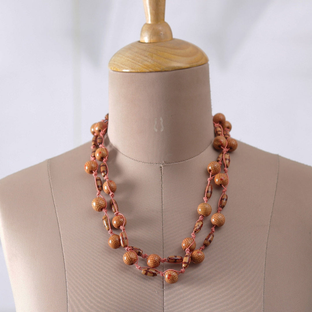 Bohemian Brown Haldu Wood Beaded Station Necklace - Earth Glam