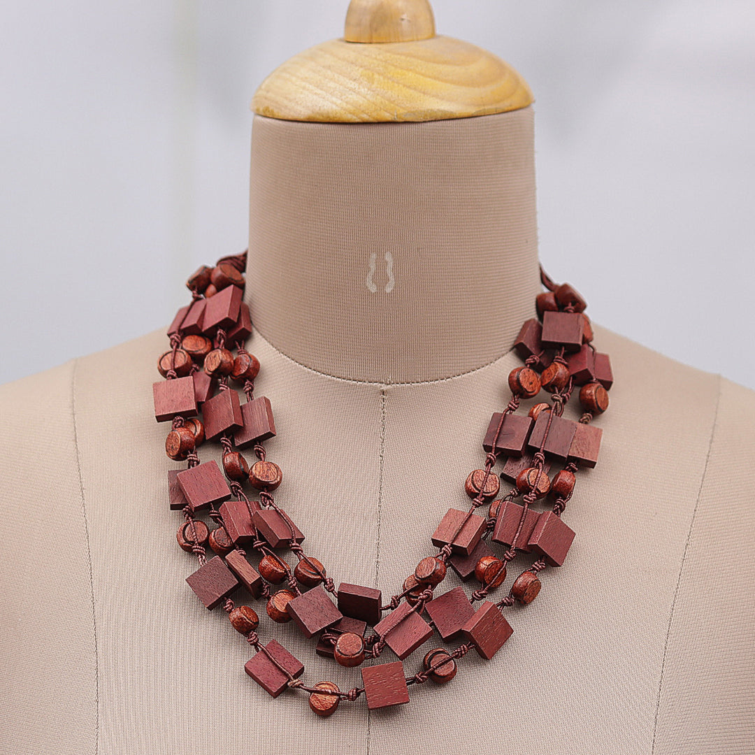 Bohemian Brown Haldu Wood Beaded Strand Necklace - Sylvan Shapes