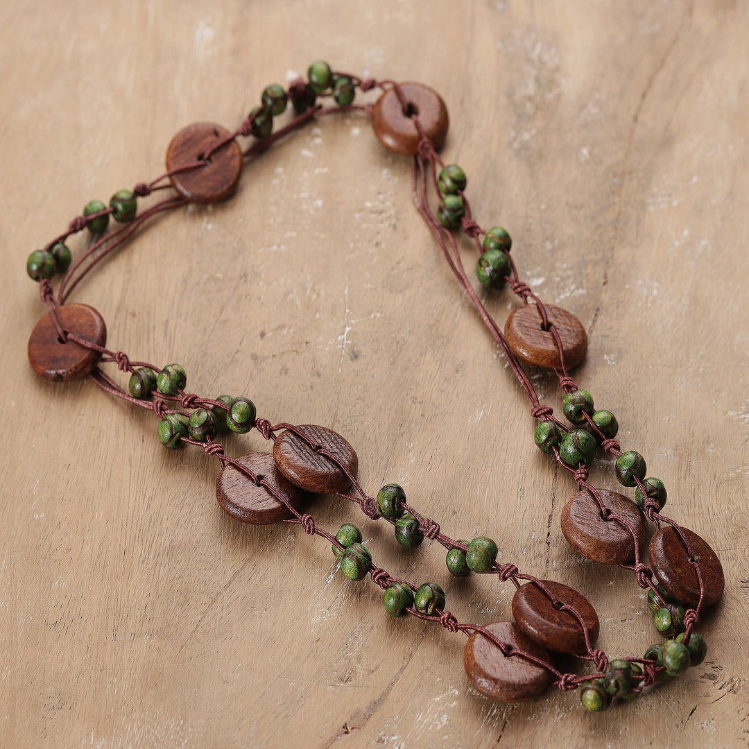Handmade Brown and Green Haldu Wood Beaded Station Necklace - Harmony in Forest