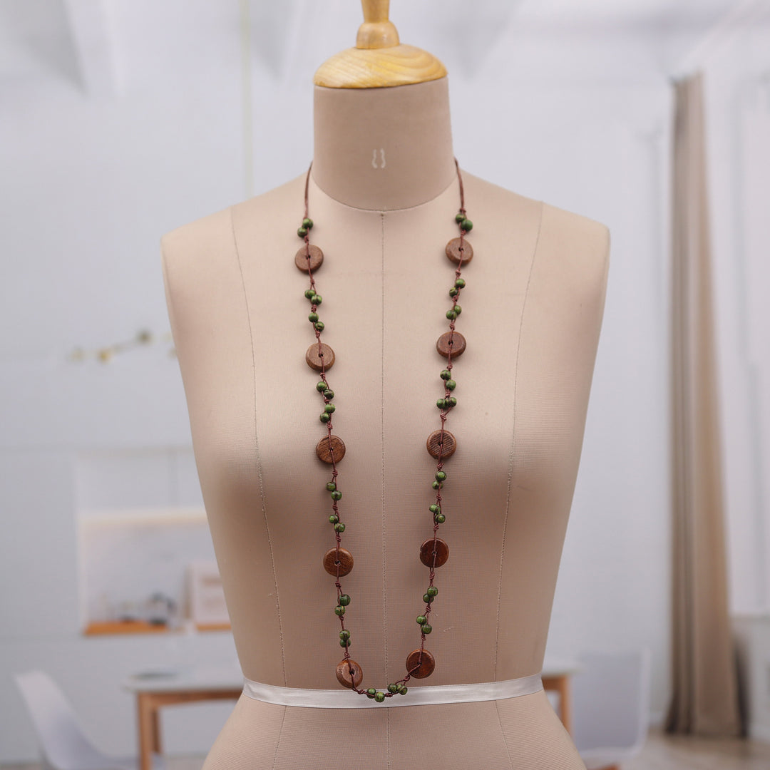Handmade Brown and Green Haldu Wood Beaded Station Necklace - Harmony in Forest