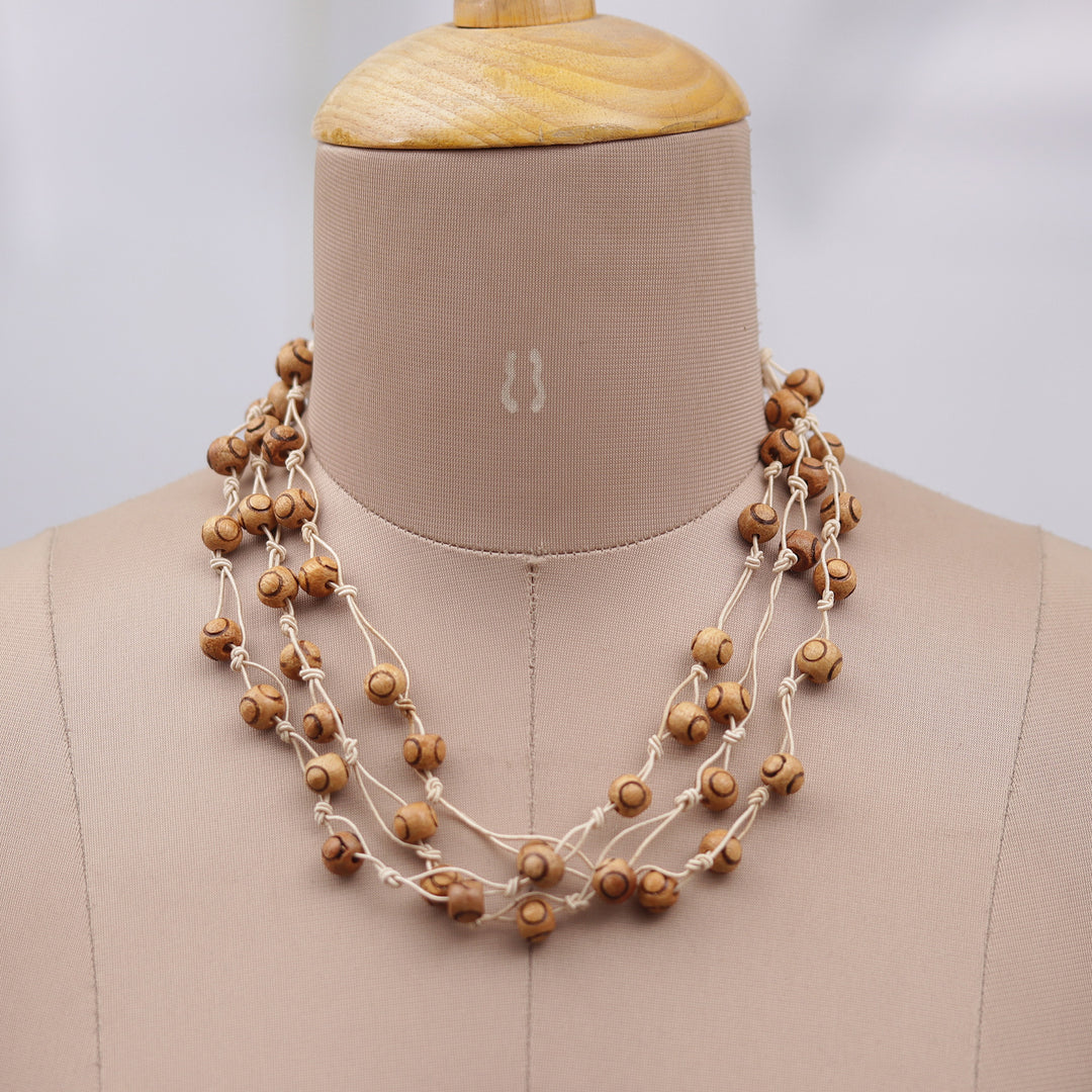 Bohemian Handcrafted Haldu Wood and Cotton Station Necklace - Natural Essence